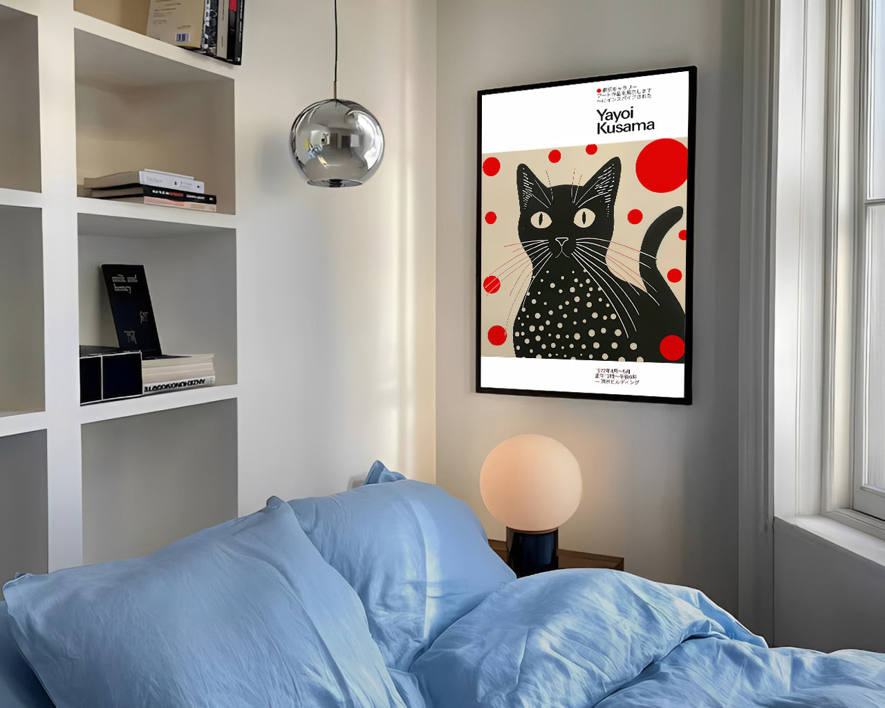 Room interior with a bed, bookshelf, and framed artwork of a black cat with red dots.