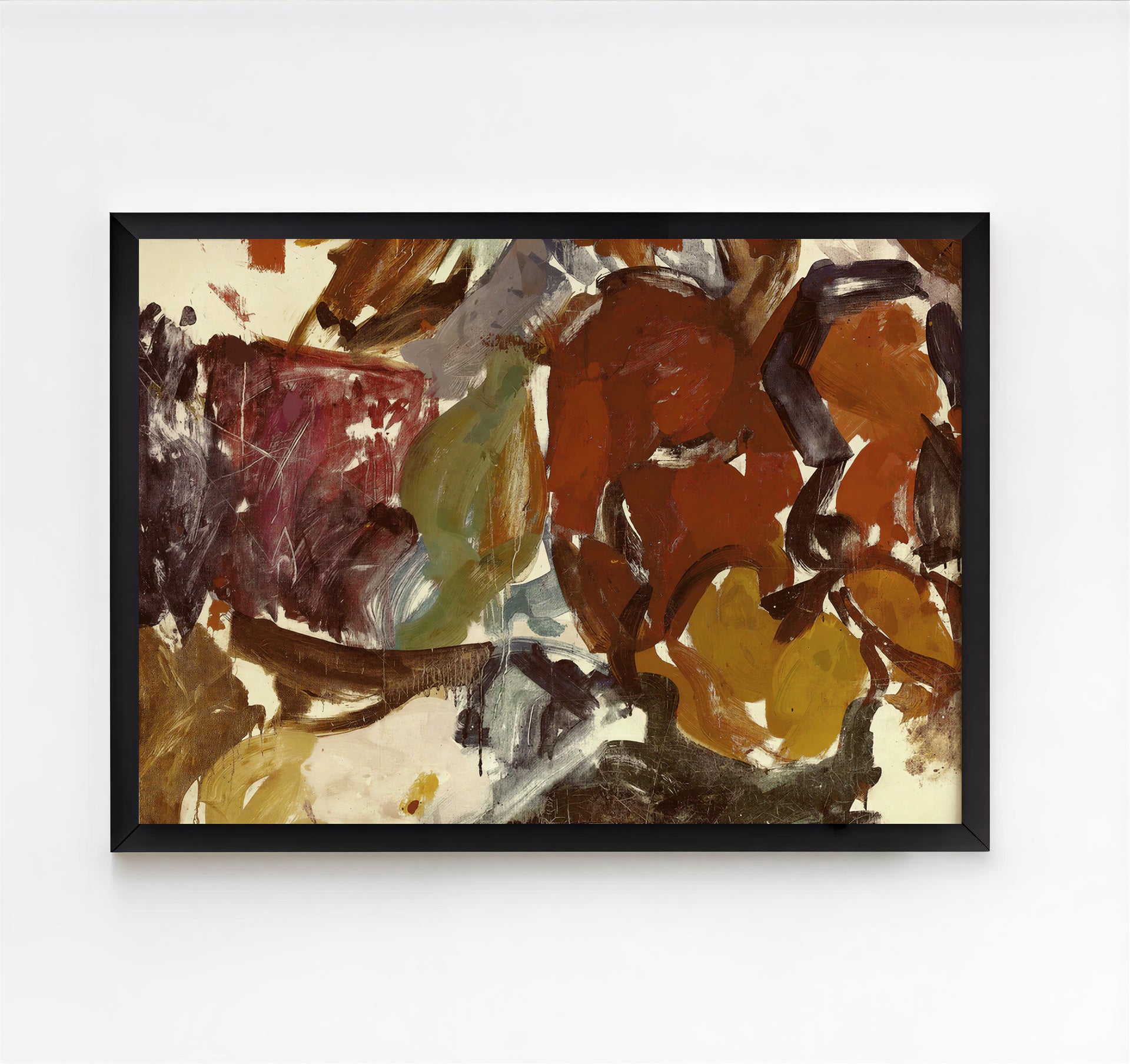 Warm earth-tone abstract art print with brown and ochre brushstrokes