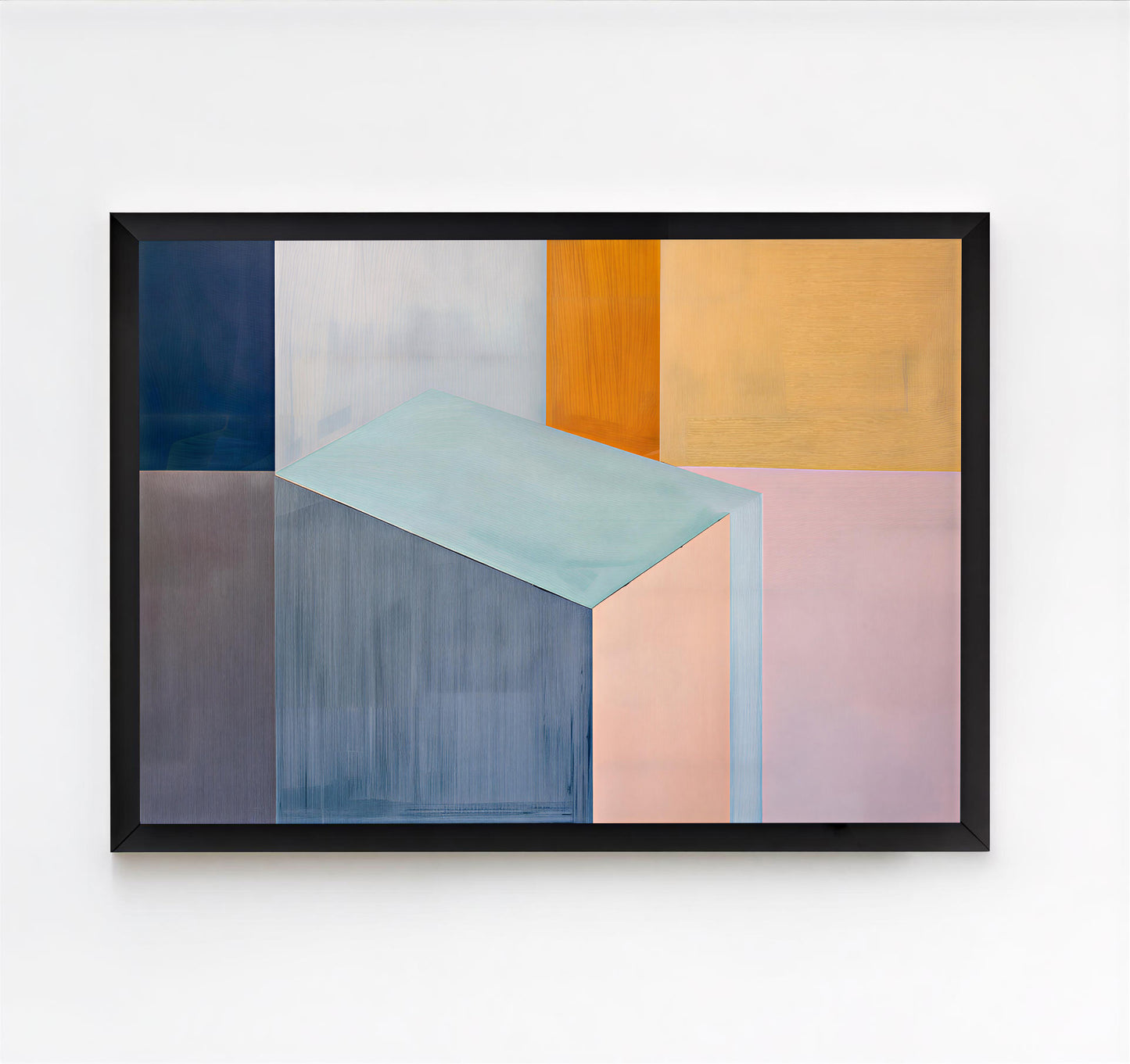 Framed geometric abstract wall art featuring pastel color blocks and modern minimalist shapes.