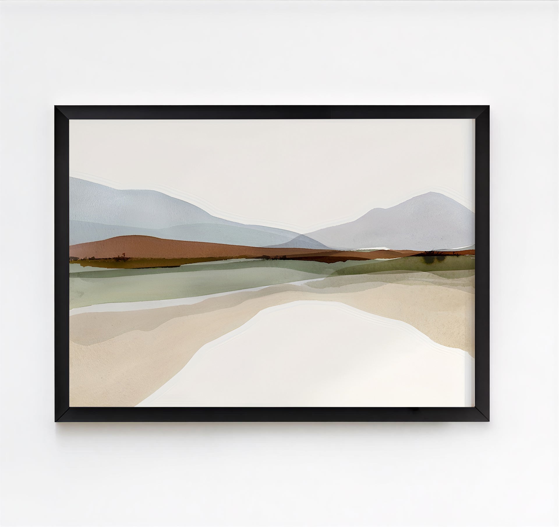 Framed abstract landscape print with mountains and a lake on a white wall