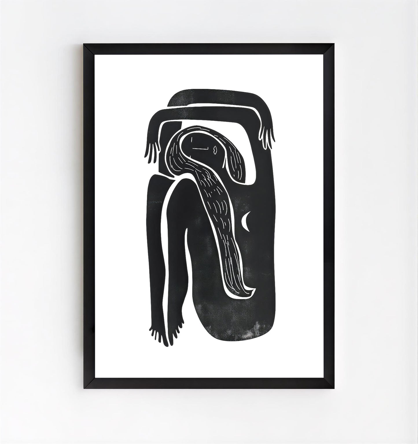 Framed black and white abstract artwork on a white background