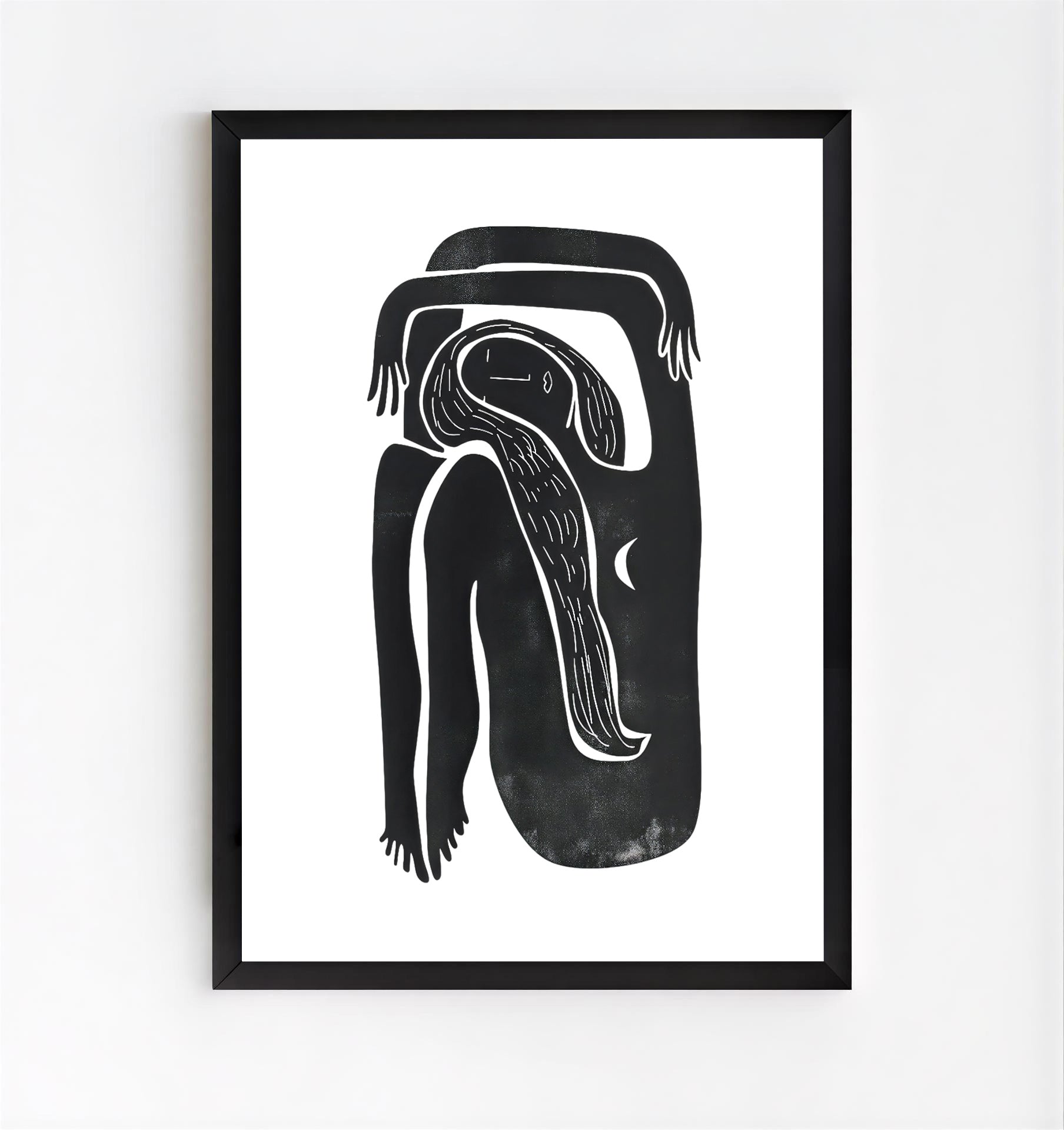 Framed black and white abstract artwork on a white background