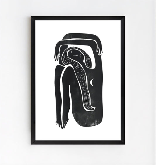 Framed black and white abstract artwork on a white background