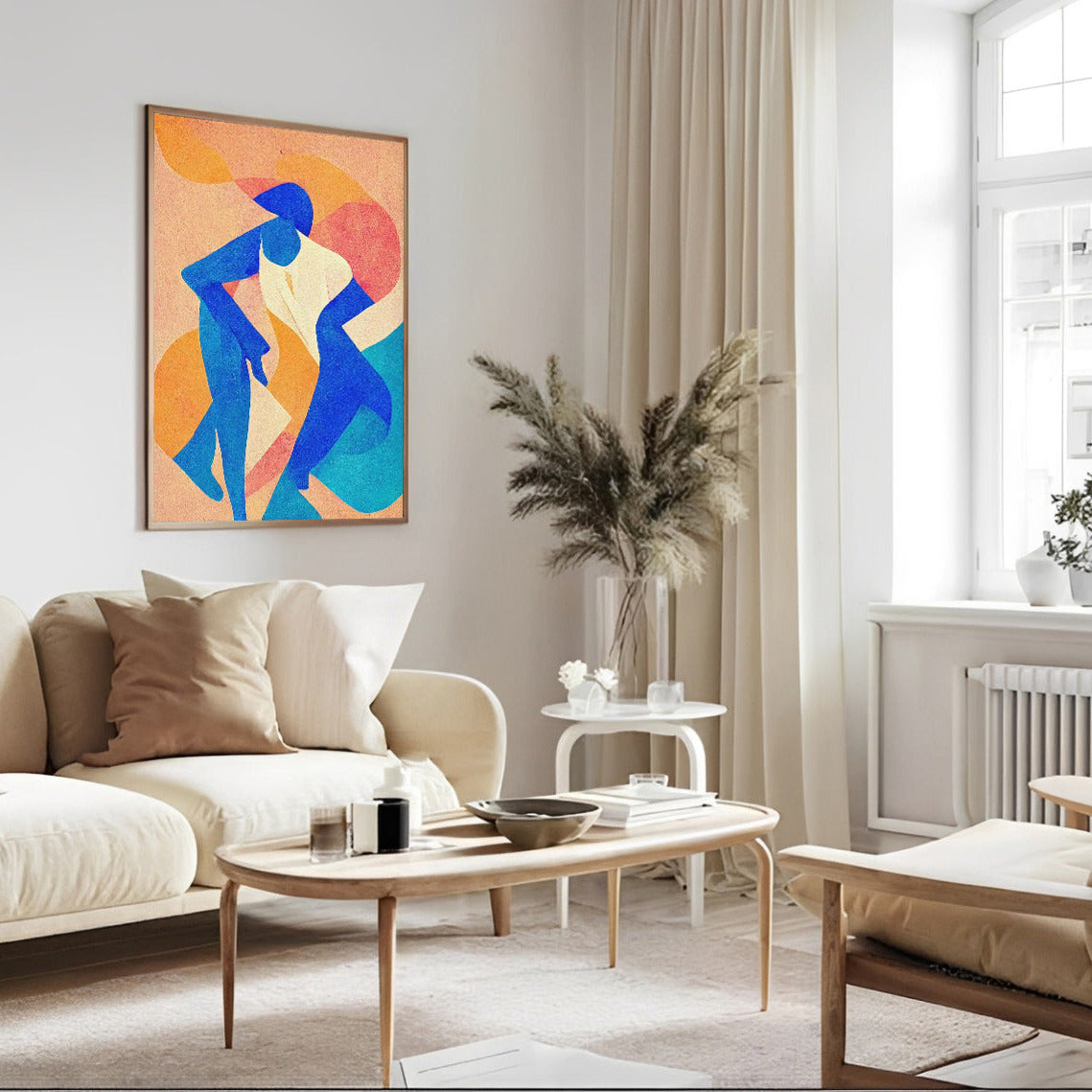 Modern living room with a colorful abstract painting on the wall, beige sofa, and wooden coffee table.