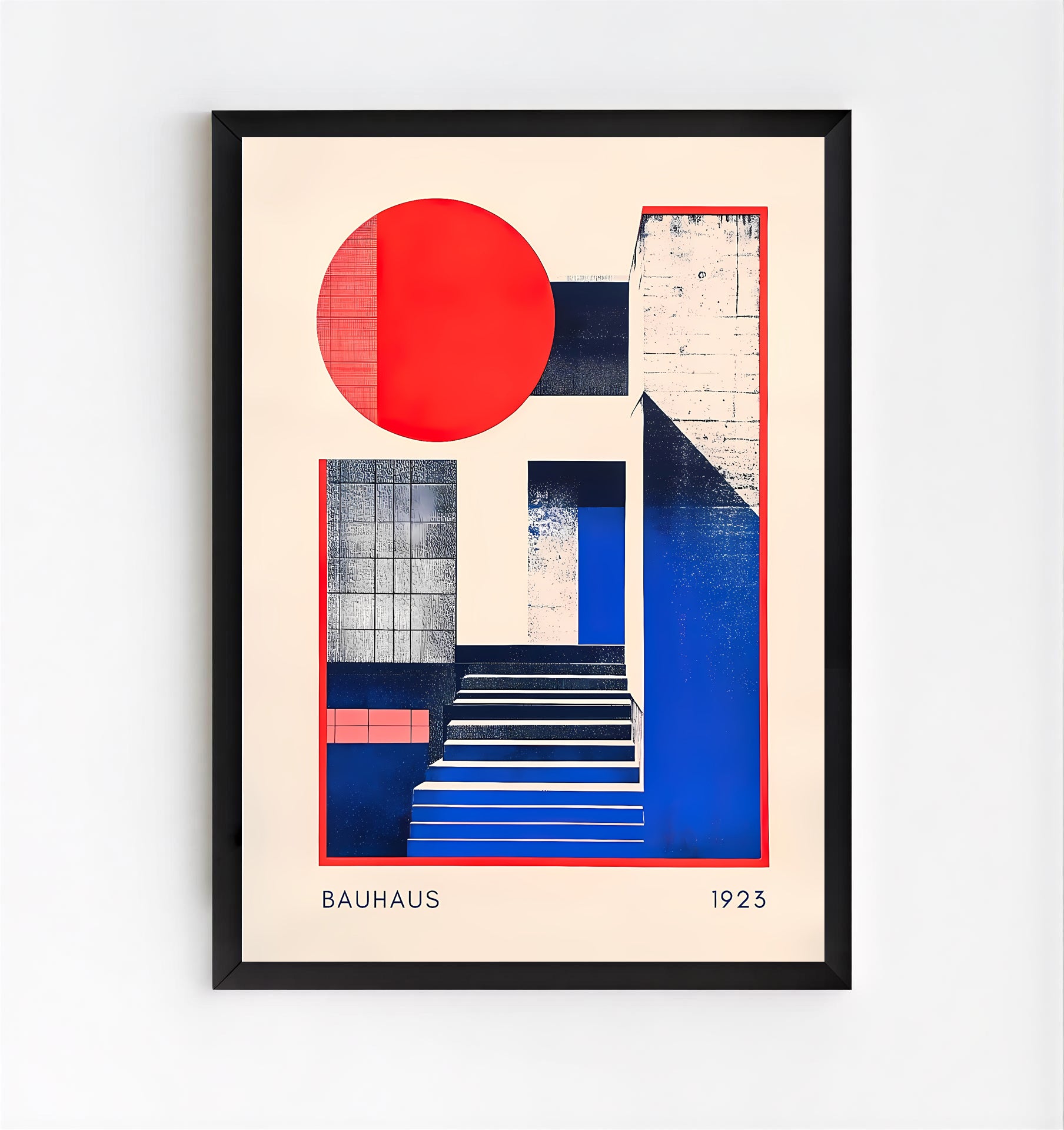Framed Bauhaus art print with geometric shapes on a beige background
