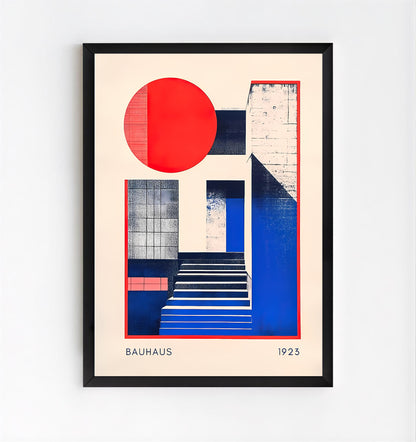 Framed Bauhaus art print with geometric shapes on a beige background