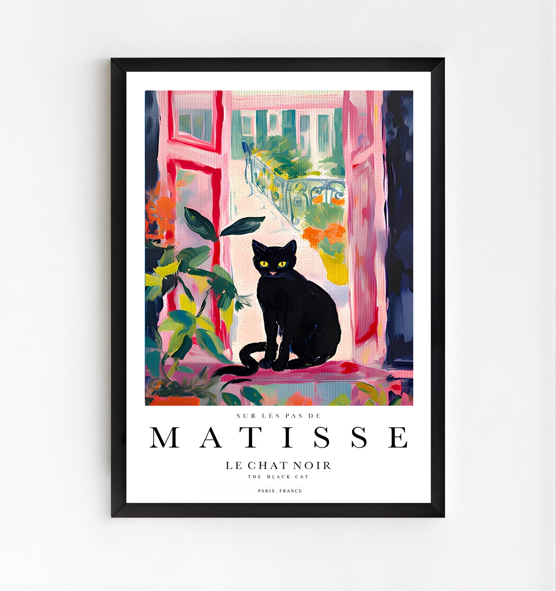 Matisse inspired black cat art print hanging on wall