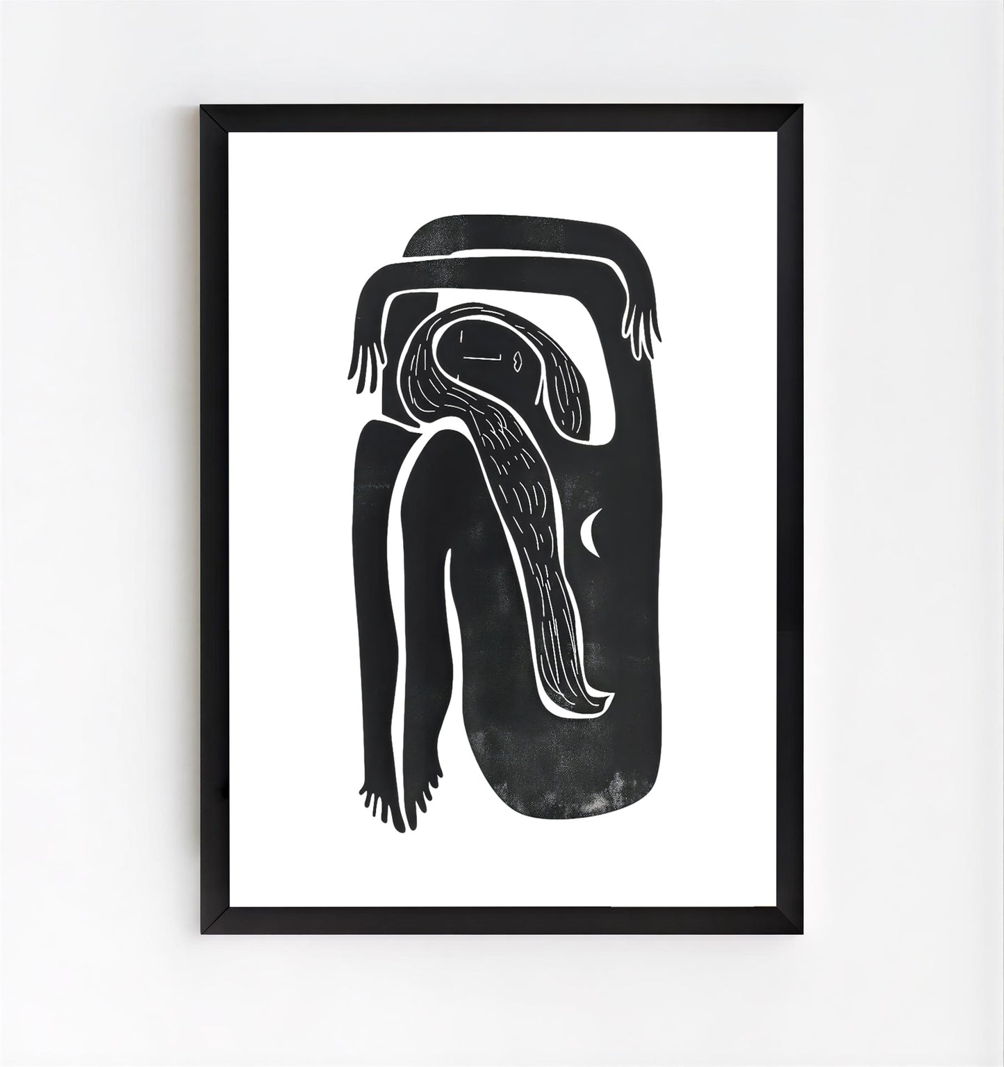 Framed black and white artwork of a stylized figure on a white background