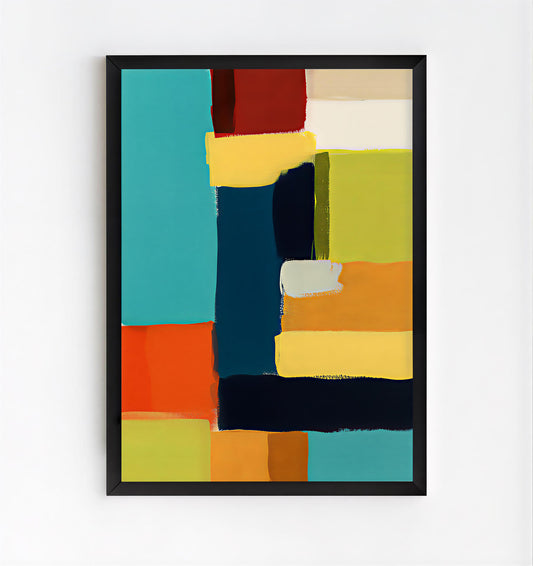 Abstract art print with colorful geometric shapes in a black frame on a white background