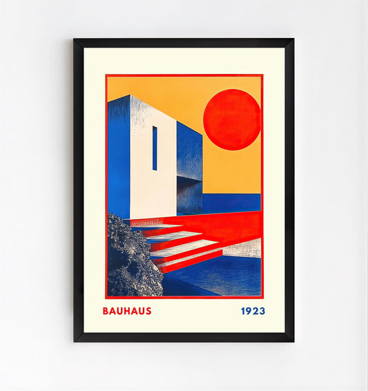 Bold Bauhaus 1923 geometric architecture poster in primary colors