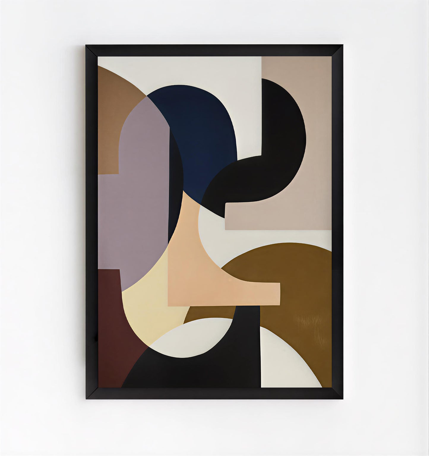 Abstract art print with geometric shapes in a black frame on a white wall