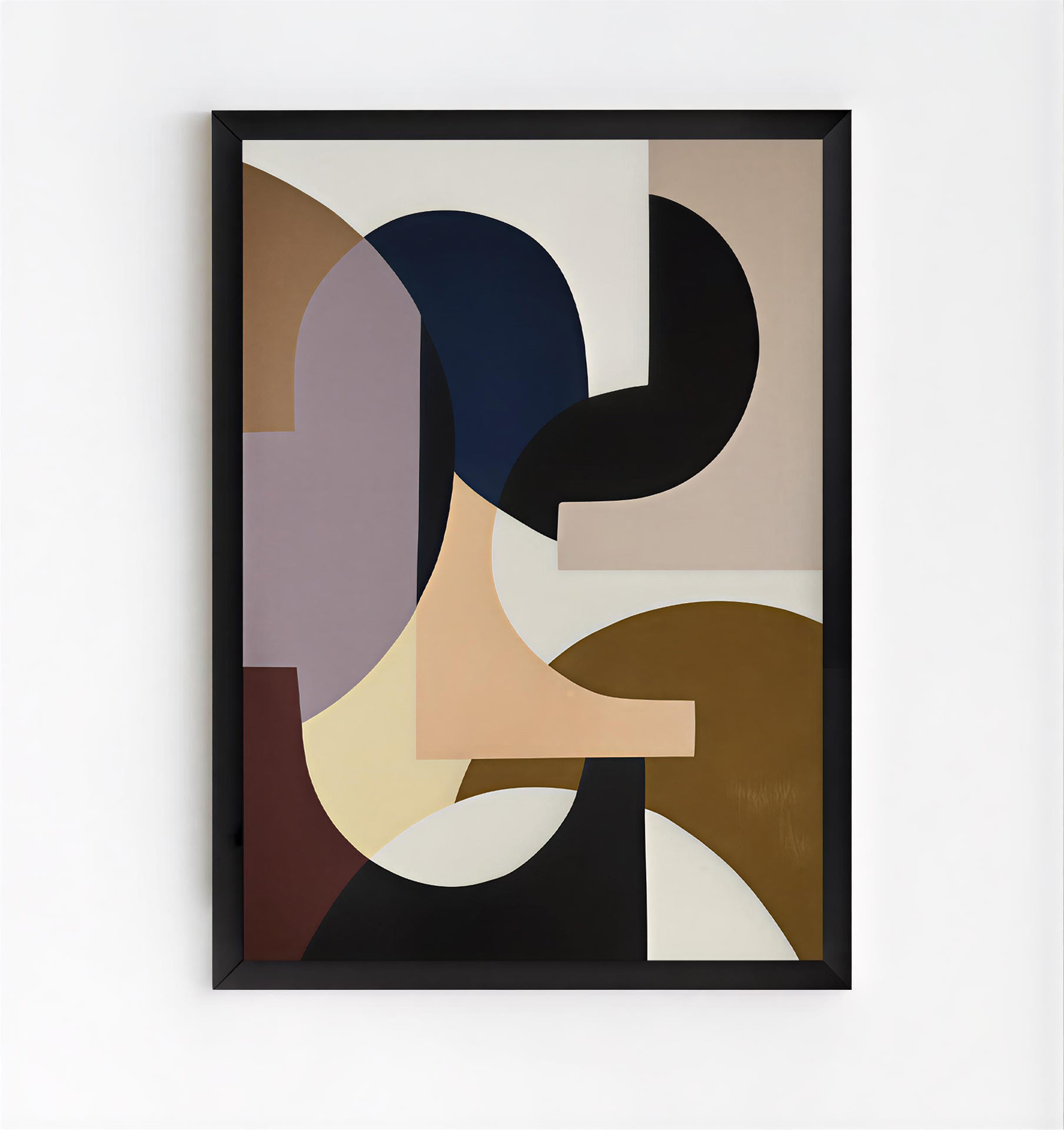 Abstract art print with geometric shapes in a black frame on a white wall