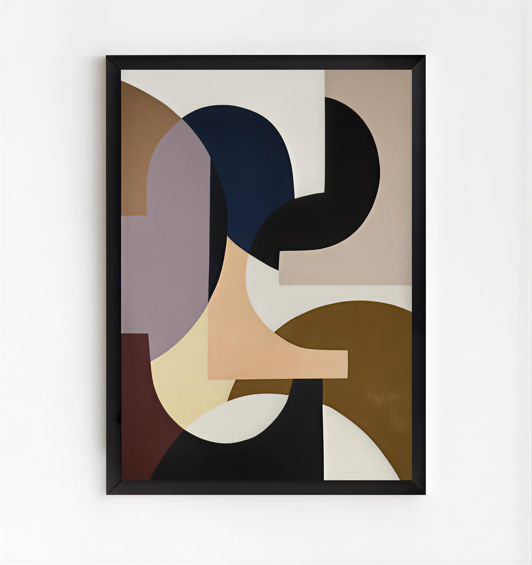 Abstract art print with geometric shapes in a black frame on a white wall