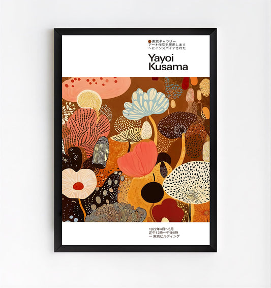Yayoi Kusama inspired abstract botanical poster in warm earthy tones