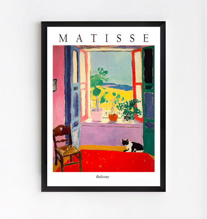 Matisse style balcony art print with cat