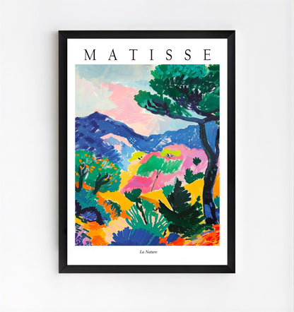 Framed Matisse art print with colorful landscape design on a white background