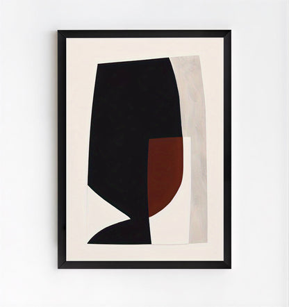 Framed abstract art print with black and brown shapes on a beige background