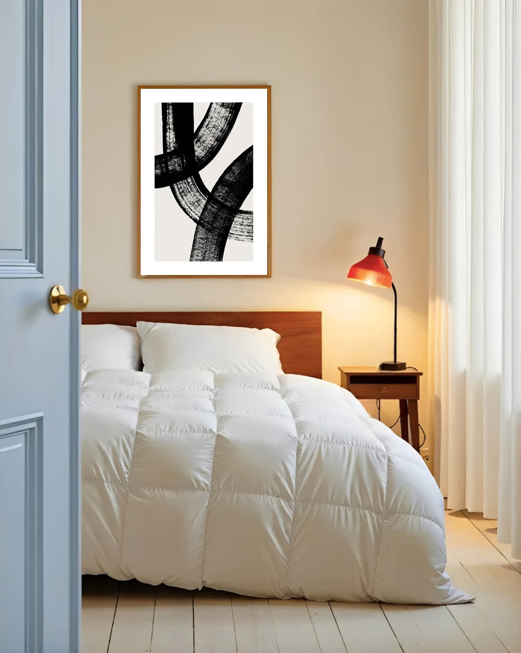 Bedroom with white bedding, wooden headboard, and abstract art on the wall.