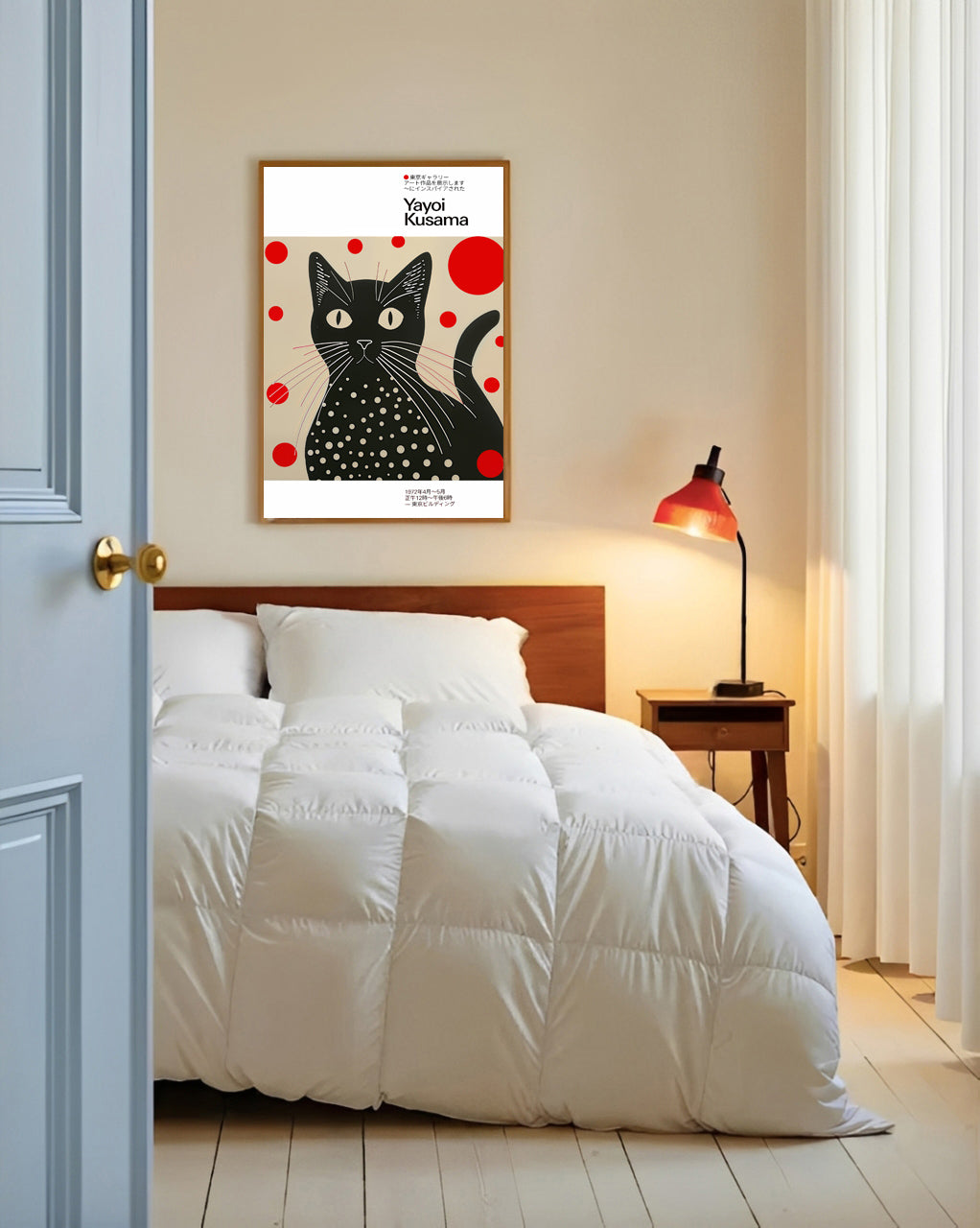 Bedroom with white bedding, wooden headboard, and framed artwork of a black cat with red dots.