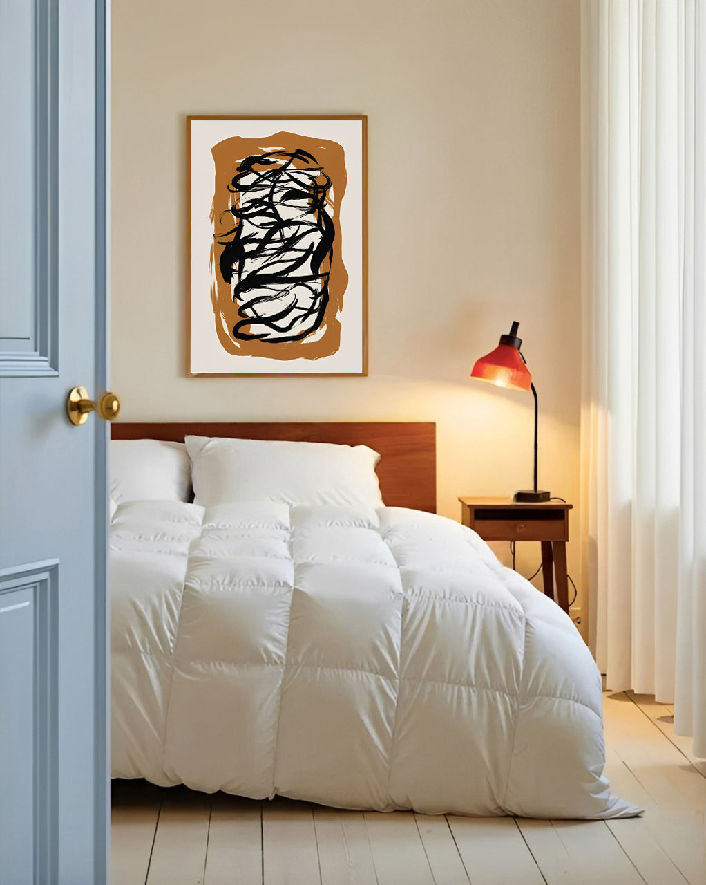 Bedroom with white bedding, wooden headboard, and abstract art on the wall.