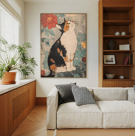 Living room with a beige sofa, wooden bookshelf, and a Vintage Japanese cat wall art print on the wall