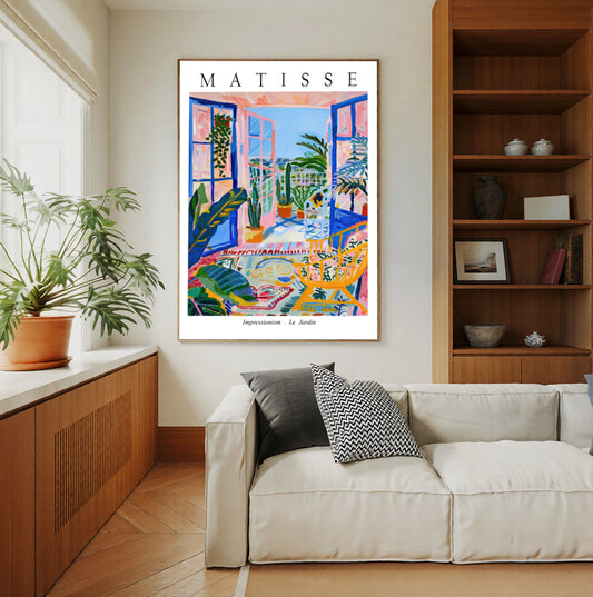 Framed Colorful Matisse style balcony wall art for modern living room and gallery wall decor
