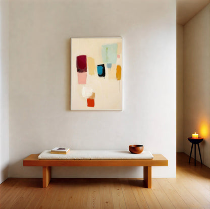Minimalist interior with a wooden bench, candle, and abstract painting on a white wall.