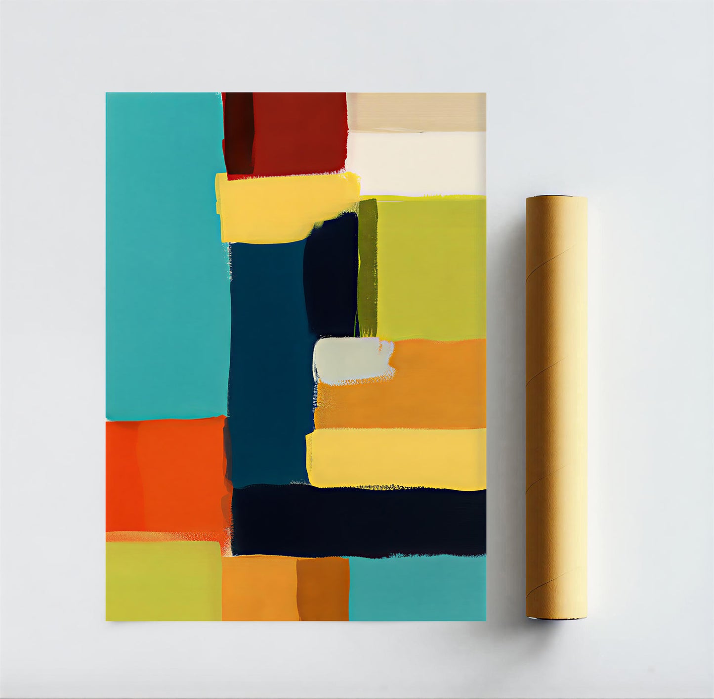 Abstract art print with colorful geometric shapes on a white background