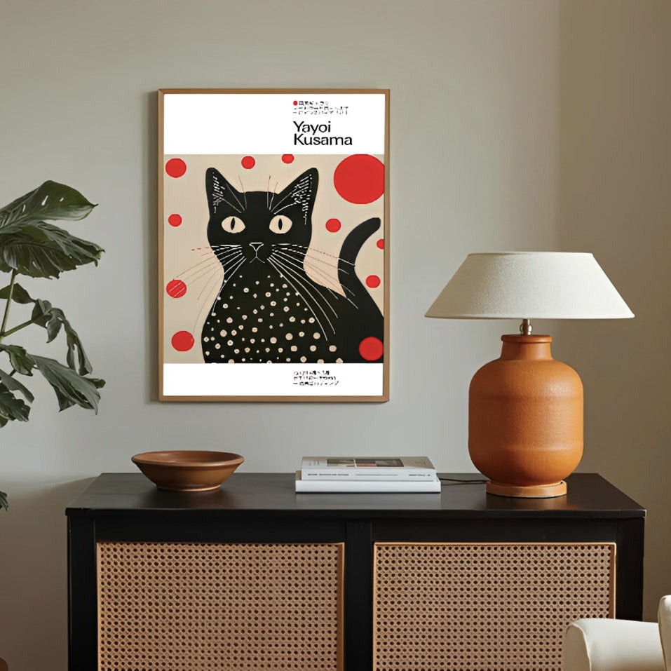 Framed artwork of a black cat with red dots on a beige wall above a wooden cabinet with a lamp and books.