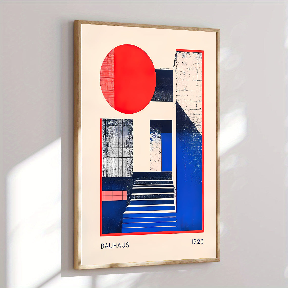 Framed abstract art print with geometric shapes on a beige background