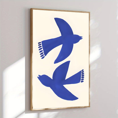 Framed artwork with blue bird silhouettes on a white background