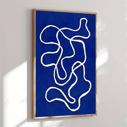 Abstract art piece with white lines on a blue background in a wooden frame.