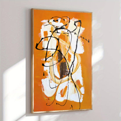 Abstract art painting with black, white, and orange on an orange background