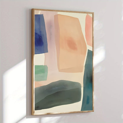 Abstract art print with geometric shapes in pastel colors on a light gray wall.
