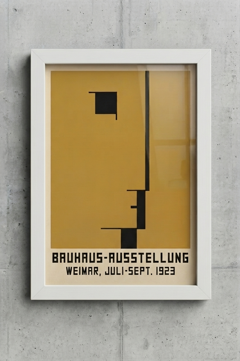 A framed minimalist Geometric Bauhaus Exhibition Art Print – Bauhaus Geometric Office Wall Art by PrintHaus featuring a minimalist black geometric design on a mustard yellow background, mounted on a textured gray concrete wall.