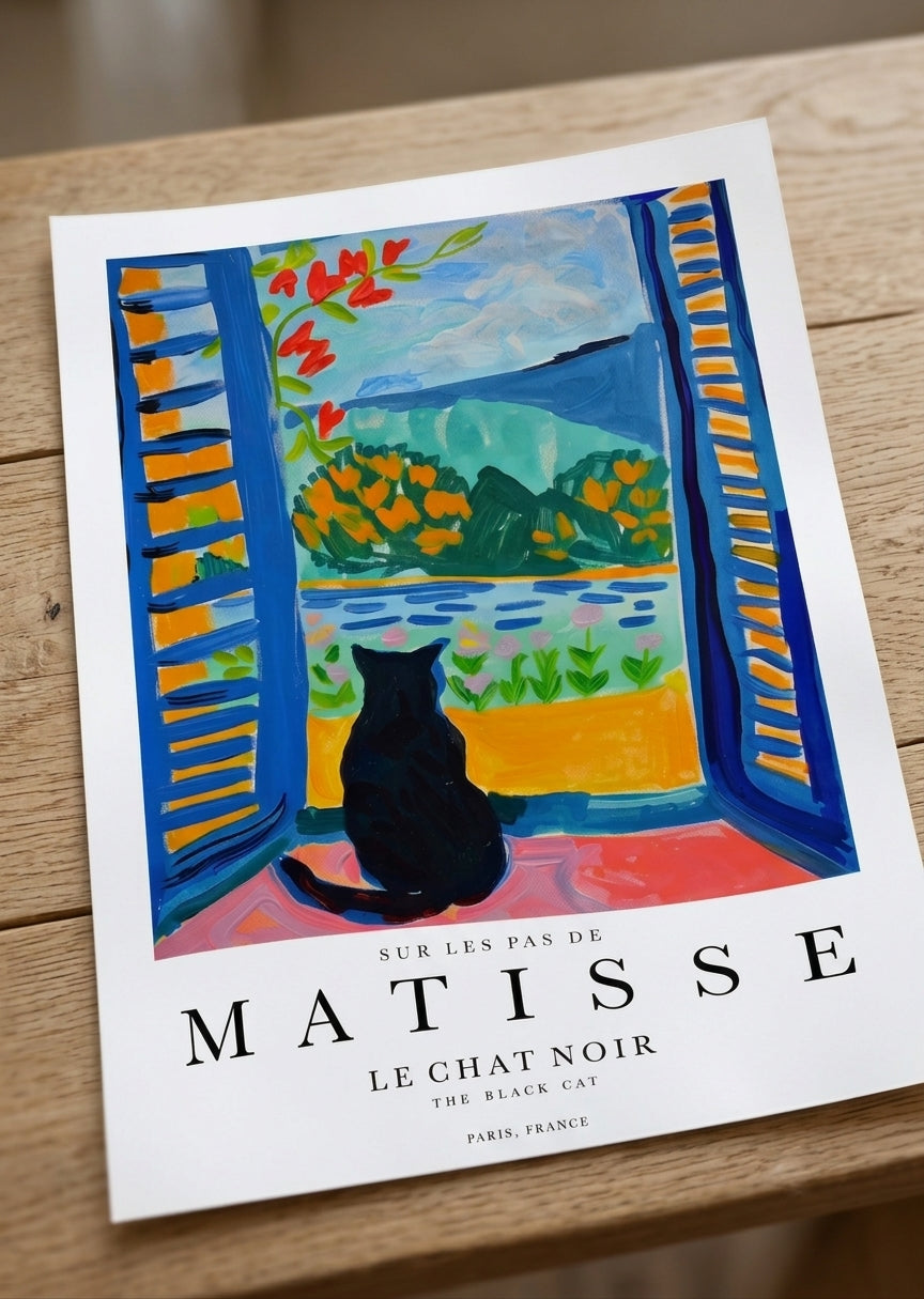 Matisse Inspired Cat Art Print with a black cat silhouette on a wooden surface