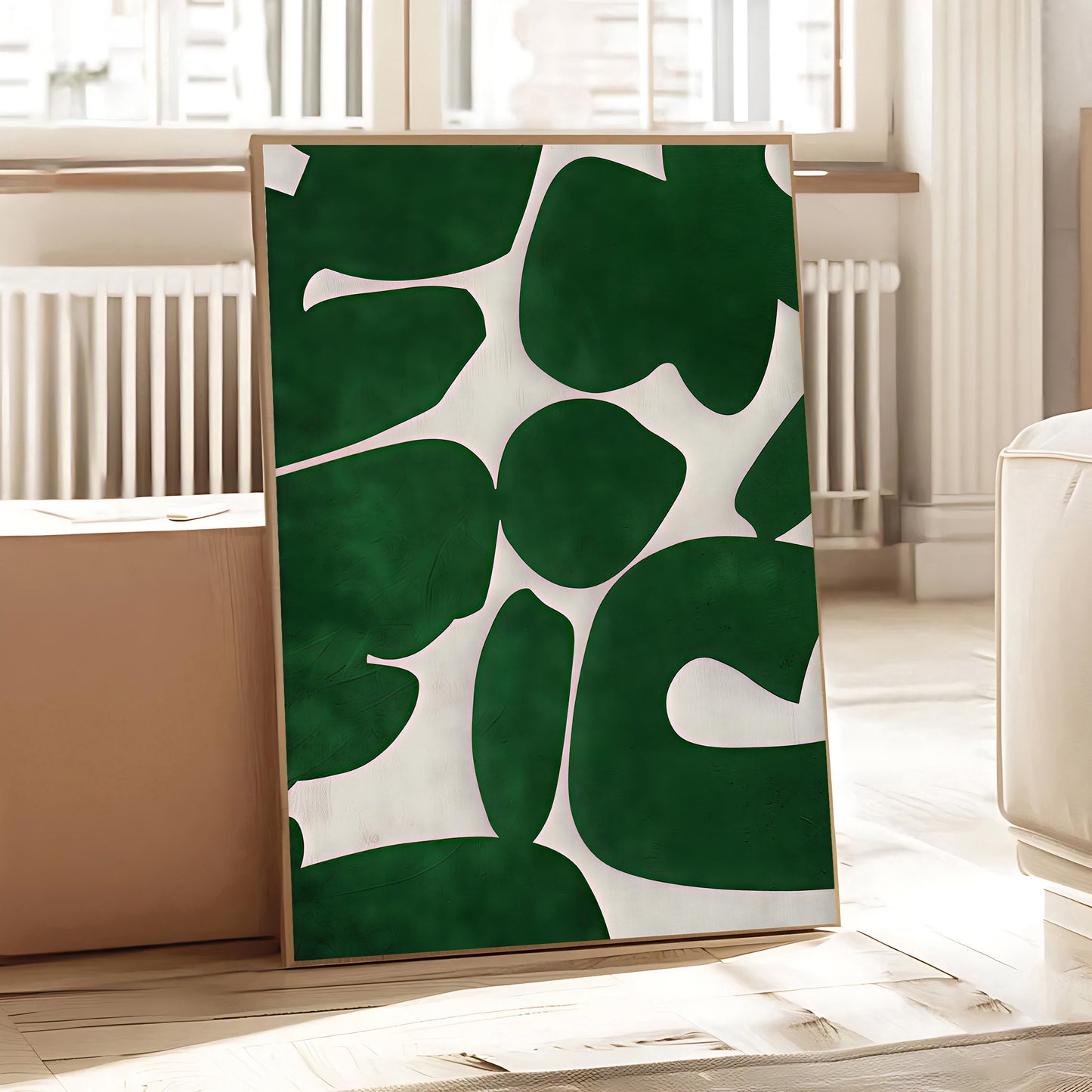 Decorative green and white patterned fabric on a wooden surface with a neutral background