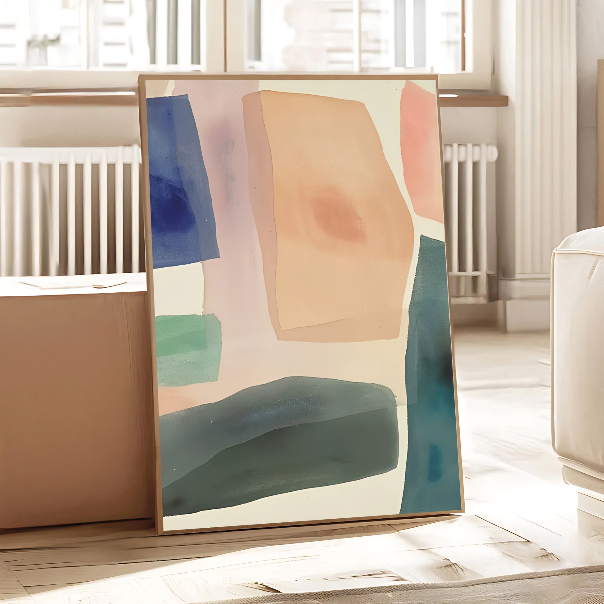 Abstract art piece with colorful shapes in a minimal indoor setting