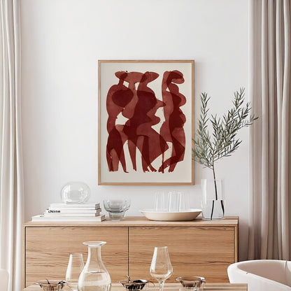 Dining room with wooden cabinet, abstract art, and decorative items.