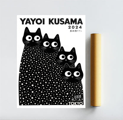 Yayoi Kusama 2024 calendar with black cat illustration on a white background
