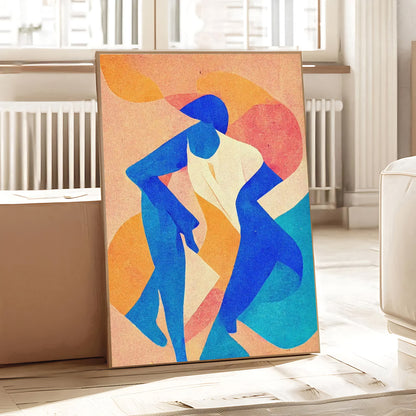 Colorful abstract artwork of two figures in a room with light-colored walls and furniture.