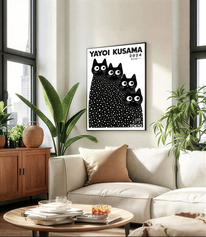 Living room with a 'Yayoi Kusama 2024' poster on the wall, featuring black cats.