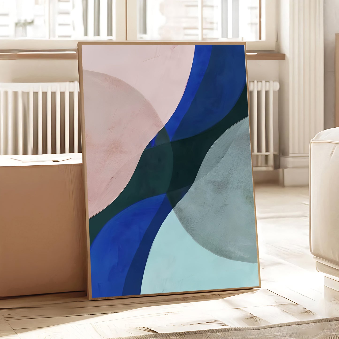 Abstract art piece with blue and green colors in a room setting