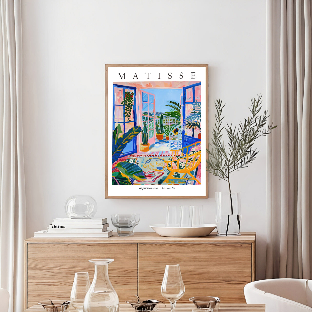 Framed Matisse French Riviera balcony poster with vibrant pink tropical interior and garden view wall decor