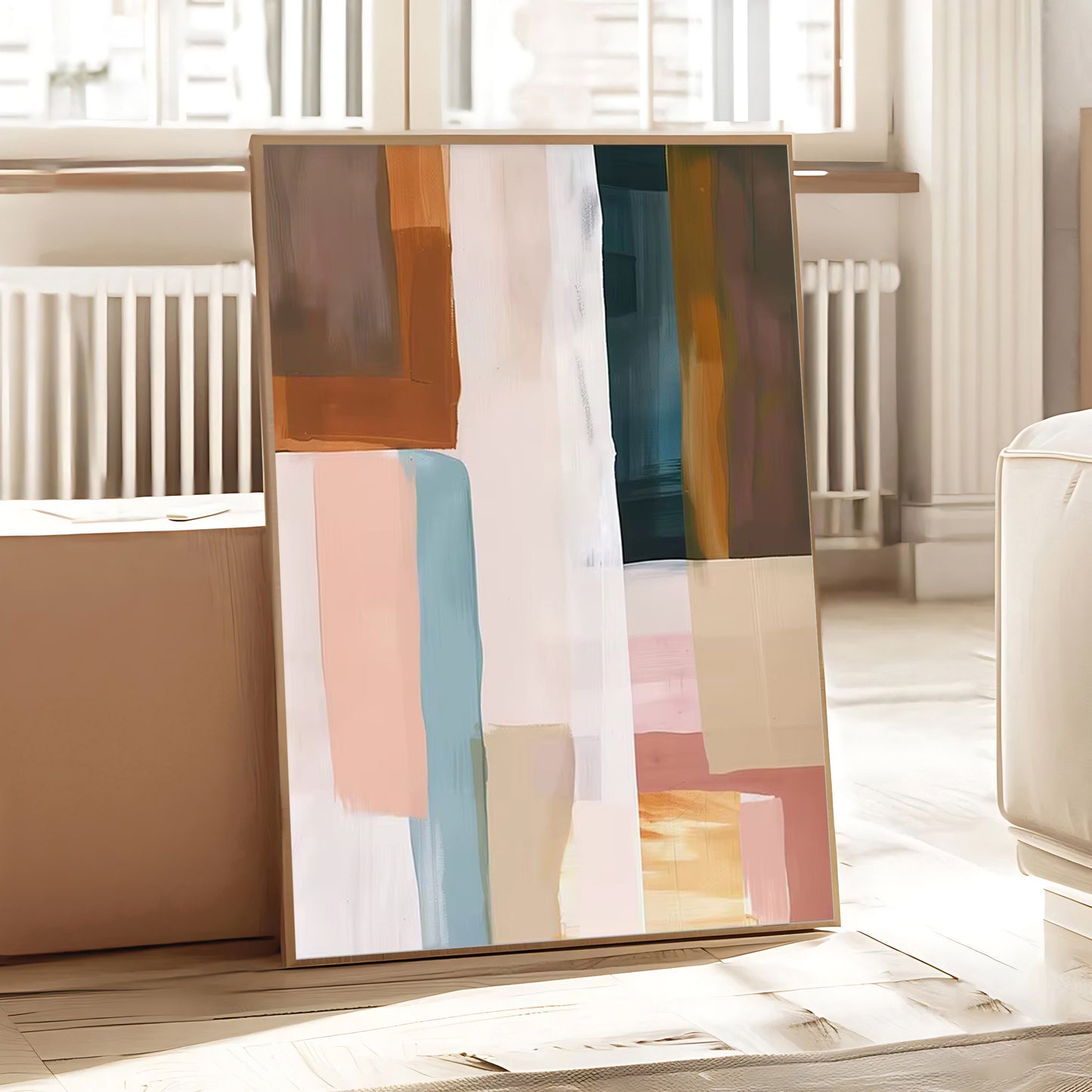 Abstract art piece with colorful geometric shapes on a wooden frame, placed indoors.