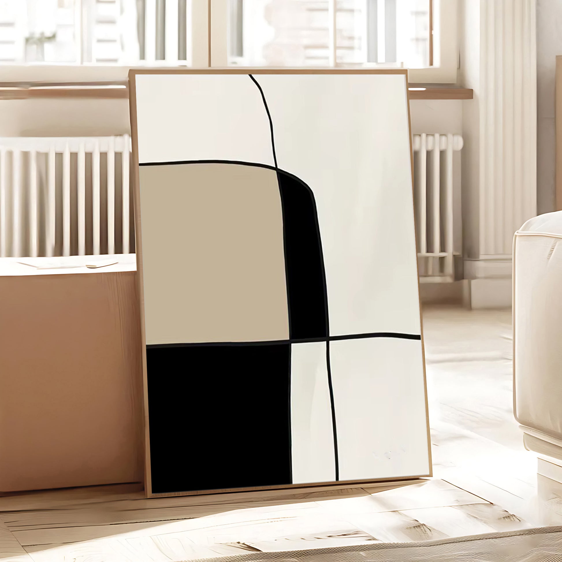 Abstract art piece with geometric shapes on a wooden surface