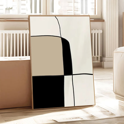 Abstract art piece with geometric shapes on a wooden surface