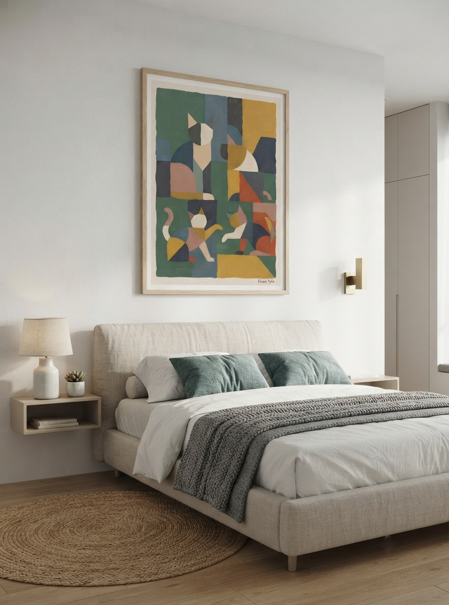 Mid-Century Modern Geometric Cat Acrylic Poster

Muted color abstract cat acrylic wall art featuring geometric Cubist design with earthy tones, exclusive original artwork by Francis Pylae for PrintHaus.