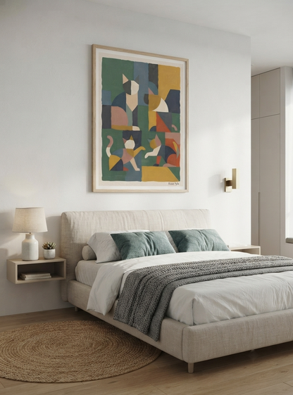 Mid-Century Modern Geometric Cat Acrylic Poster

Muted color abstract cat acrylic wall art featuring geometric Cubist design with earthy tones, exclusive original artwork by Francis Pylae for PrintHaus.