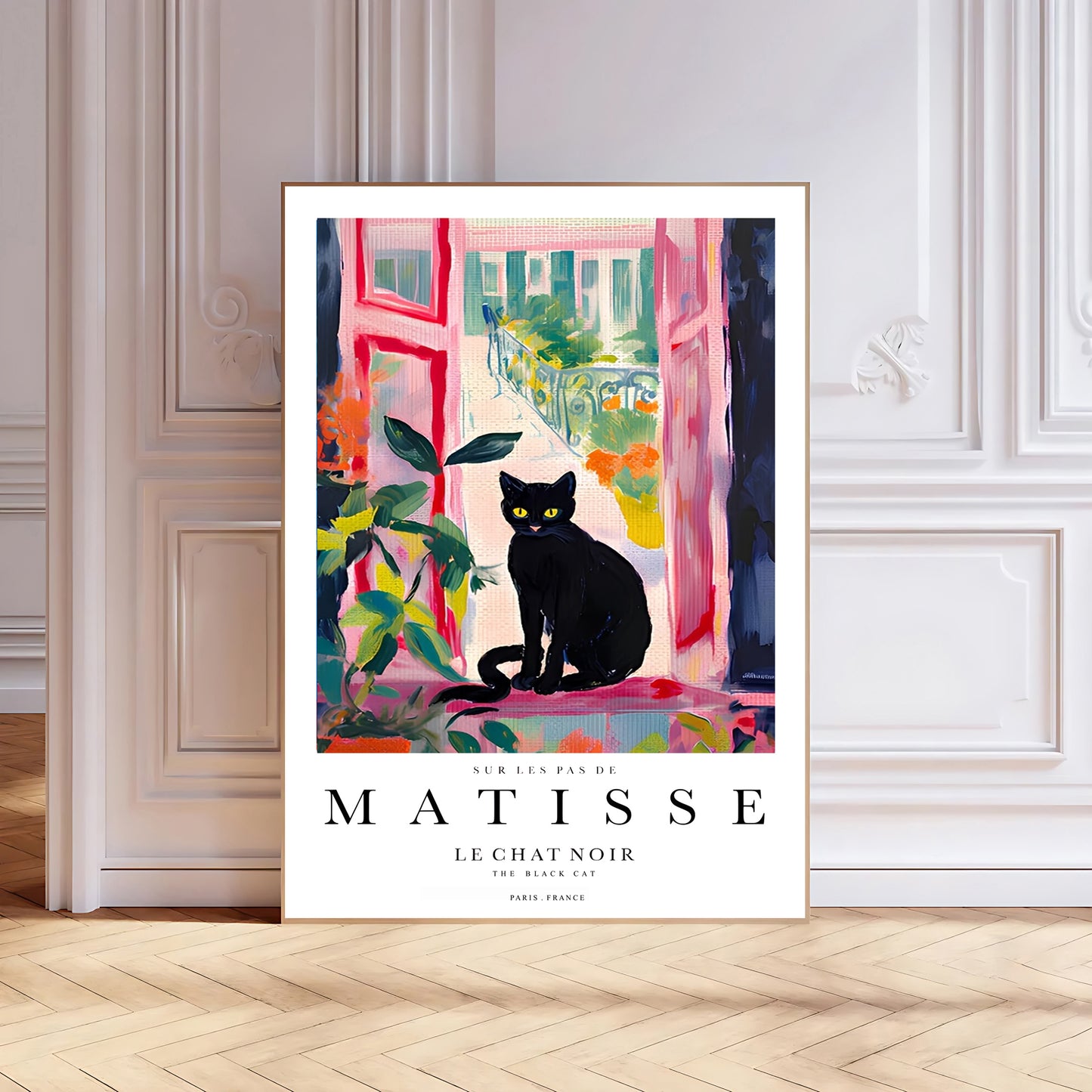 French window scene artwork featuring black cat